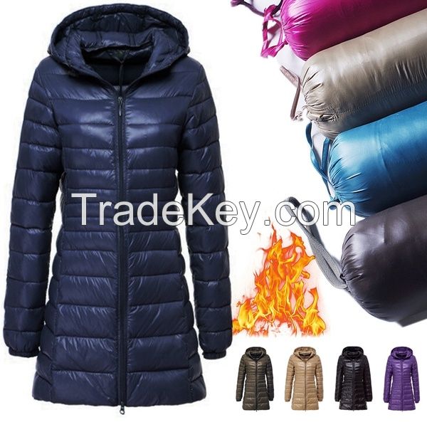 Women's Casual Hooded Outwear Fashion Winter Long Down Jacket Ultra Light White Duck Down Warm Slim Parkas Coat