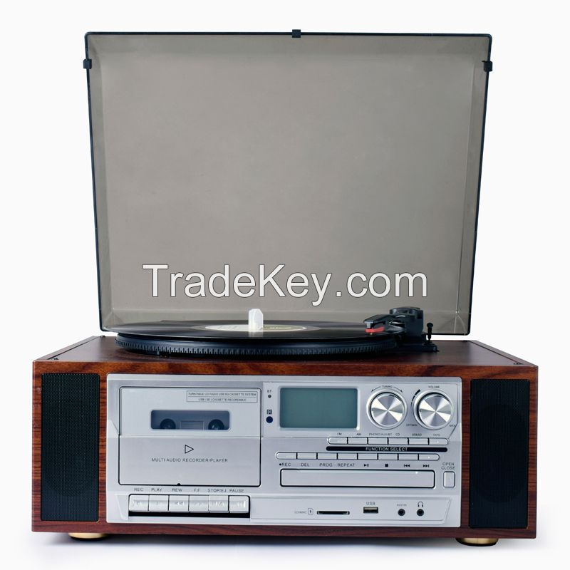 Full Size Auto Return turntable vinyl record gramophone player with Cassette, USB SD play& recording& CD, RADIO