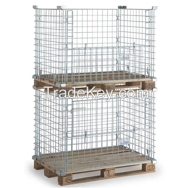 Foldable Collapsible Stackable Wire Mesh Container Storage Logistic Transportation Cage Box Stillage Customized Top Cover, Interlayer, Casters, Brackets, Tractor, Pallet Base