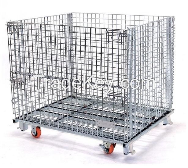 Foldable Collapsible Stackable Wire Mesh Container Storage Logistic Transportation Cage Box Stillage Customized Top Cover, Interlayer, Casters, Brackets, Tractor, Pallet Base