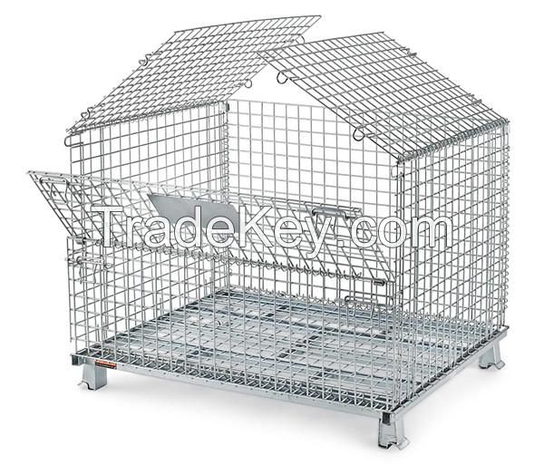 Foldable Collapsible Stackable Wire Mesh Container Storage Logistic Transportation Cage Box Stillage Customized Top Cover, Interlayer, Casters, Brackets, Tractor, Pallet Base