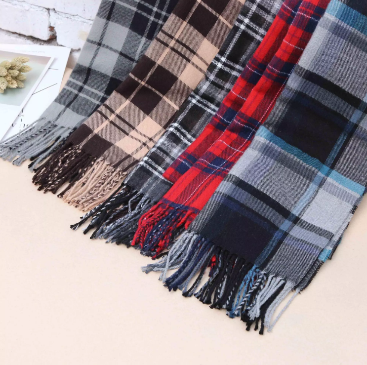 Wholesale Low MOQ Multi Tartan Plaid Woven Tassel Wool Scarf For Men 