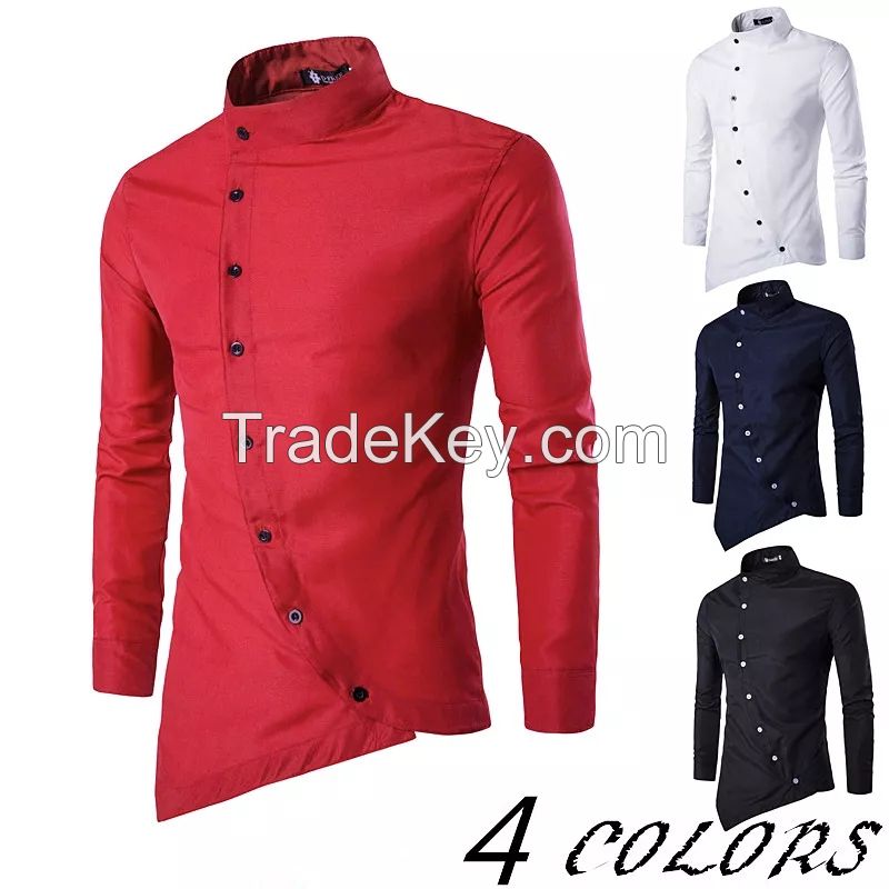 Men Oblique Placket Personality Long - Sleeved Shirt