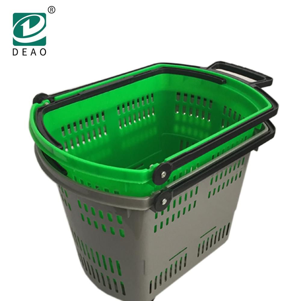 Plastic Supermarket Shopping Rolling Basket with Two Handles and Four Wheels