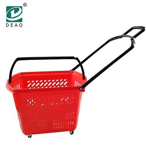 Plastic Supermarket Shopping Rolling Basket with Two Handles and Four Wheels