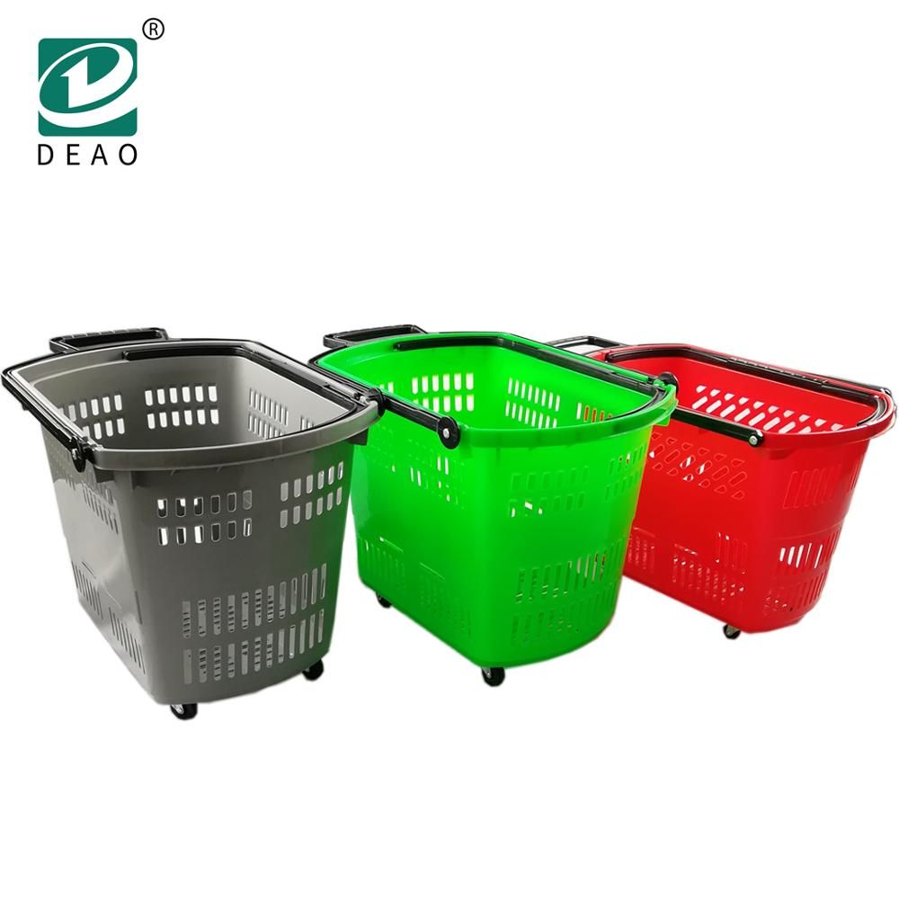 Plastic Supermarket Shopping Rolling Basket with Two Handles and Four Wheels