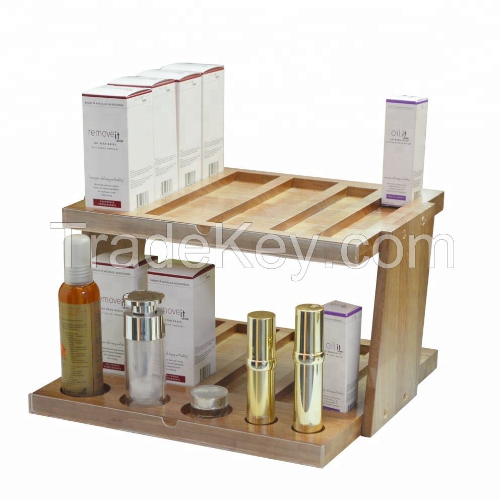 Countertop Essential Oils Bottle Wood Wooden Makeup Product Display Stands Cosmetics Shelf Rack