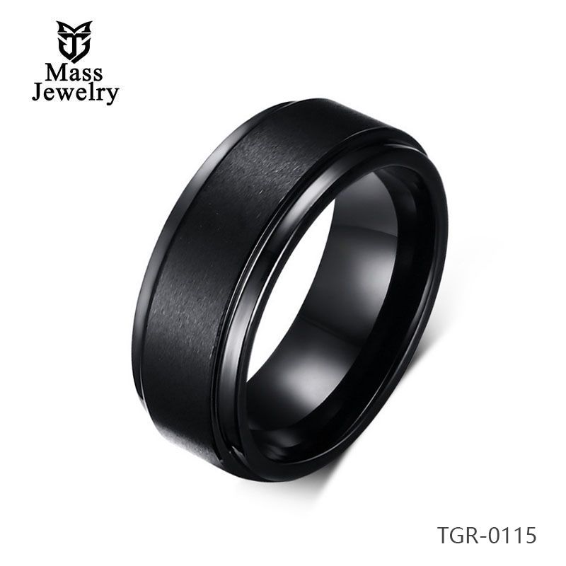 Black Tungsten Carbide Ring Brushed and Stepped Edges Mens Bands