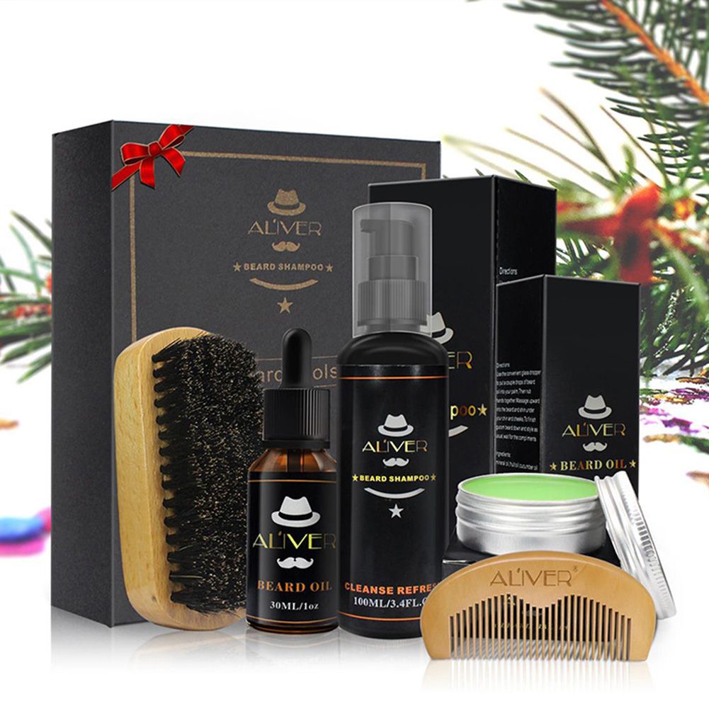 5pcs Beard Clean Set With Essential Shampoo Brush Comb Oil Cream for Men Makes Soft Cleanse Refresh and Nature Styling Care Set