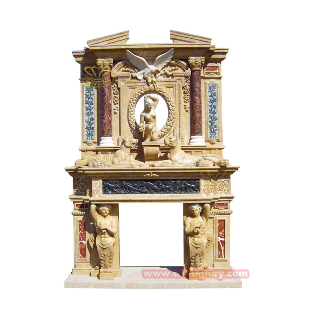 Luxury double storey beige marble figure statue fireplace