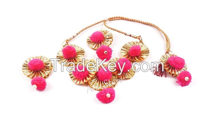 Party Wear Magenta Flower Gota Patti Jewellery Set- Anu Store