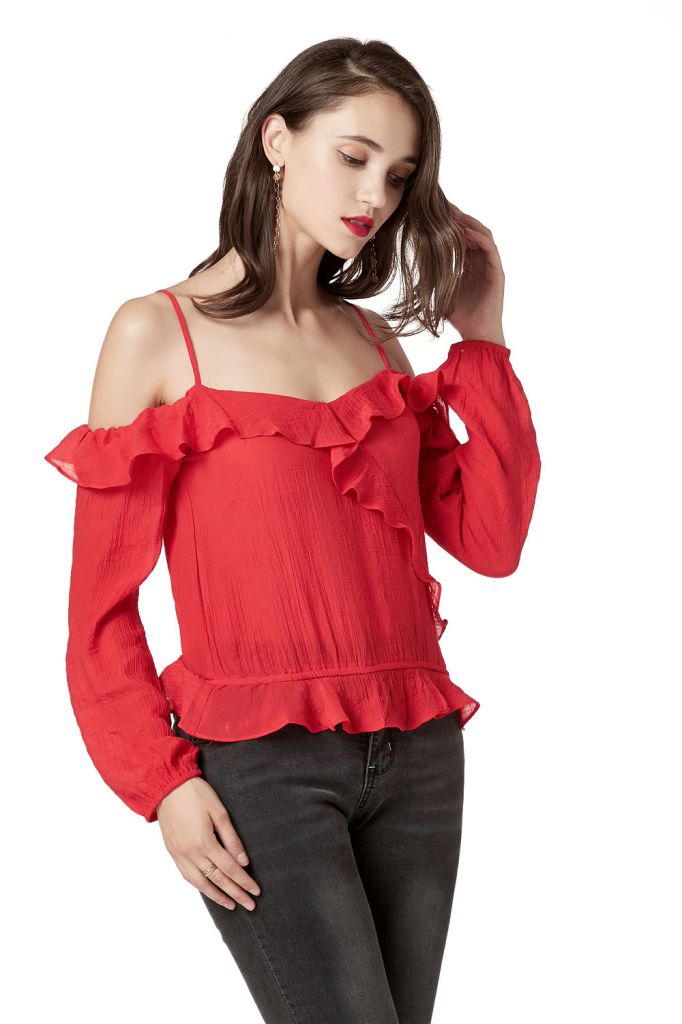 Off Shoulder Tops for Women Ruffle V Neck Long Sleeve Red Blouses for Women's Sexy Mini Tops