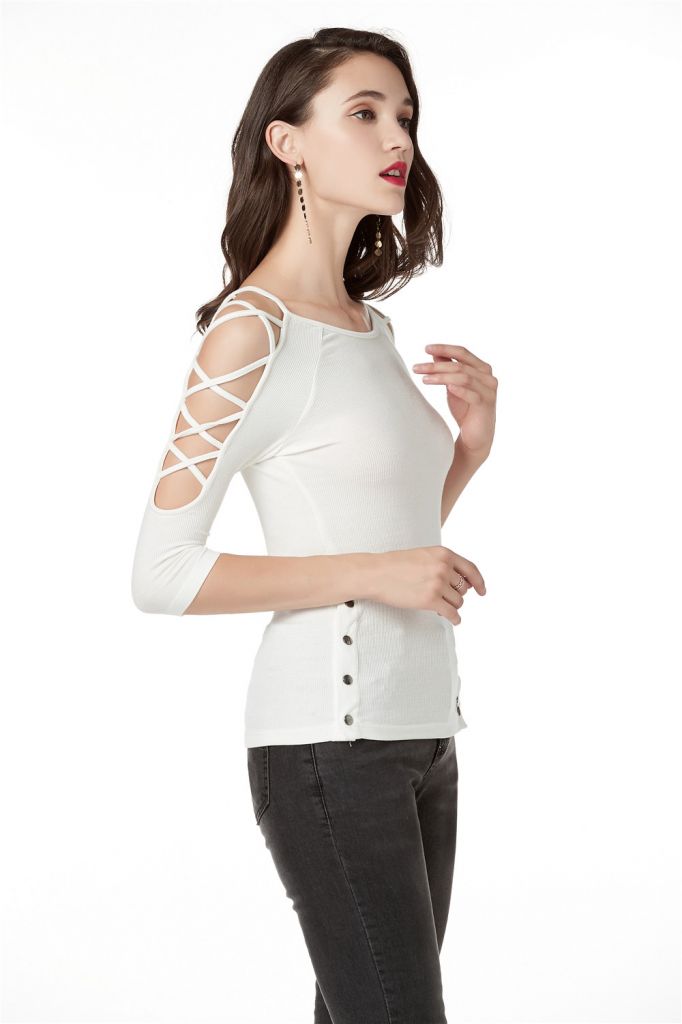 3/4 Sleeve Top Women, Knit Rib T-Shirts with Cross Binding Functional on Two sides of Shoulder