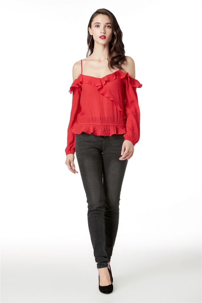 Off Shoulder Tops for Women Ruffle V Neck Long Sleeve Red Blouses for Women's Sexy Mini Tops