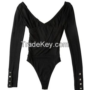 Long Sleeve Plunge Bodysuit for Women ,Crossed V-Neck Sexy Femal Bodysuit,Basic Solid Stretchy Leotard Bodycon Tops