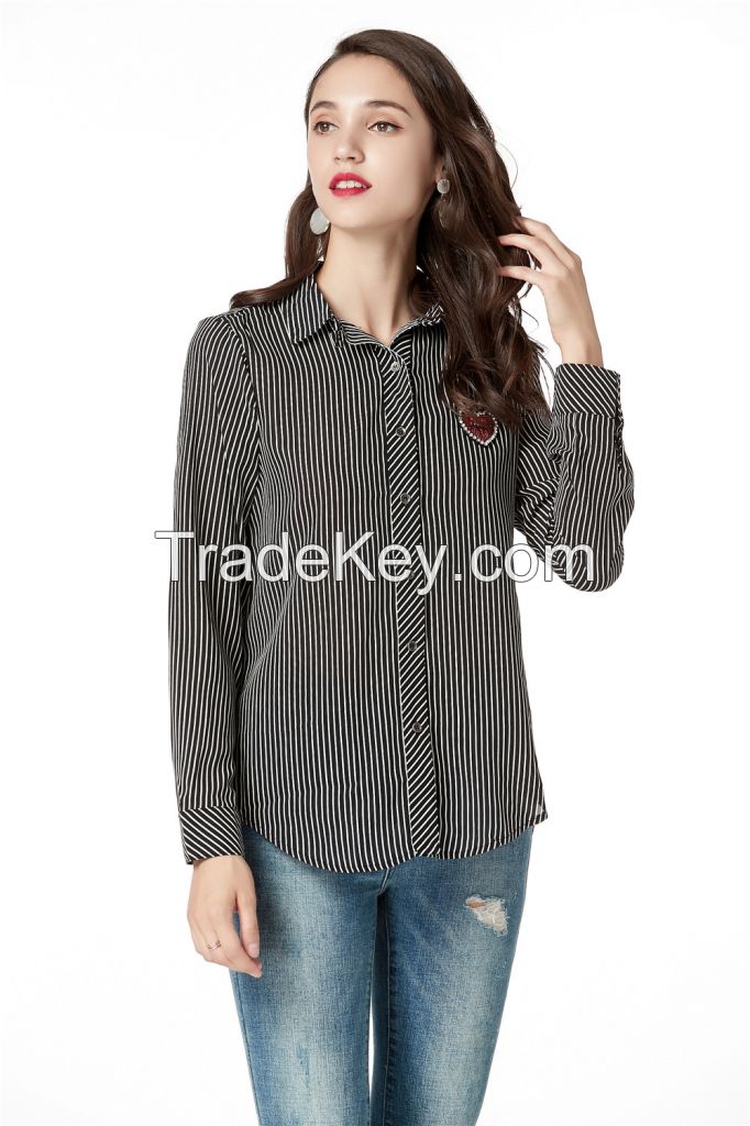 Button Down Shirts for Women Long Sleeve Collared Stripe Casual Blouse Shirts with Heart Beading on Front Chest