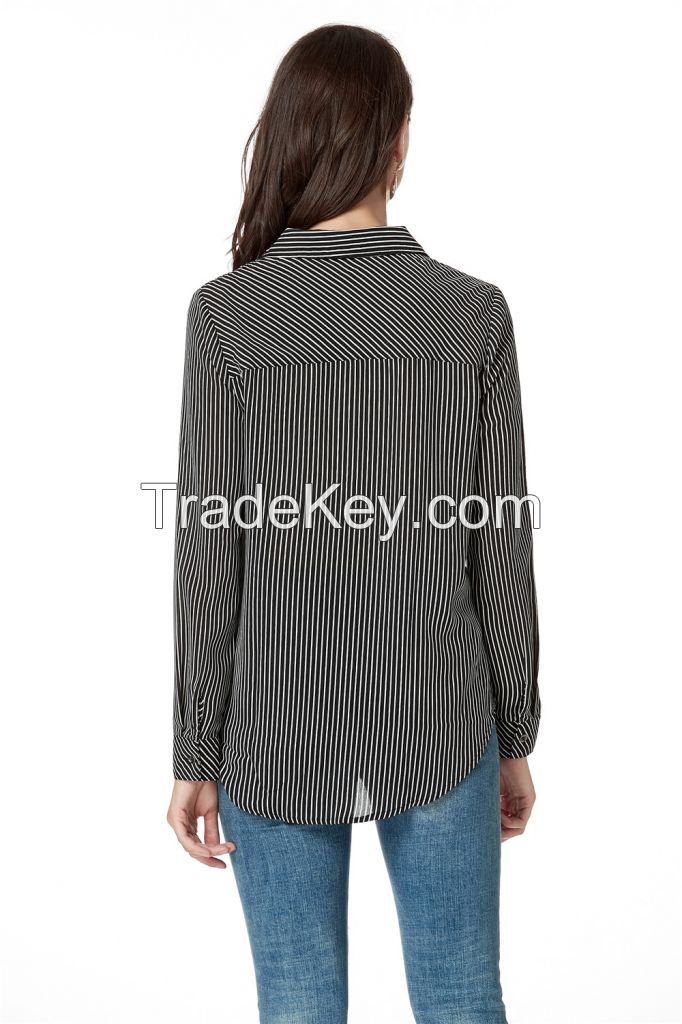 Button Down Shirts for WomenÃ¯Â¼ï¿½ Long Sleeve Collared Stripe Casual Blouse Shirts with Heart Beading on Front Chest 