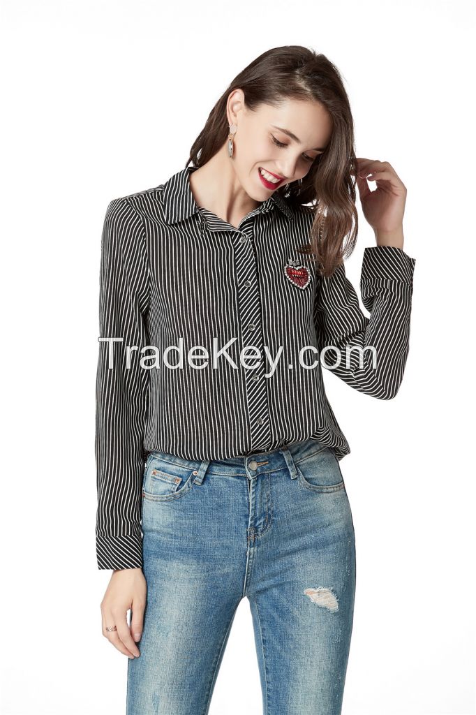 Button Down Shirts for WomenÃ¯Â¼ï¿½ Long Sleeve Collared Stripe Casual Blouse Shirts with Heart Beading on Front Chest 