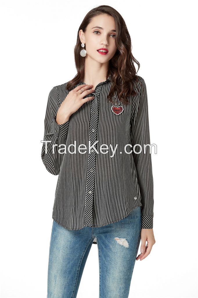 Button Down Shirts for WomenÃ¯Â¼ï¿½ Long Sleeve Collared Stripe Casual Blouse Shirts with Heart Beading on Front Chest 