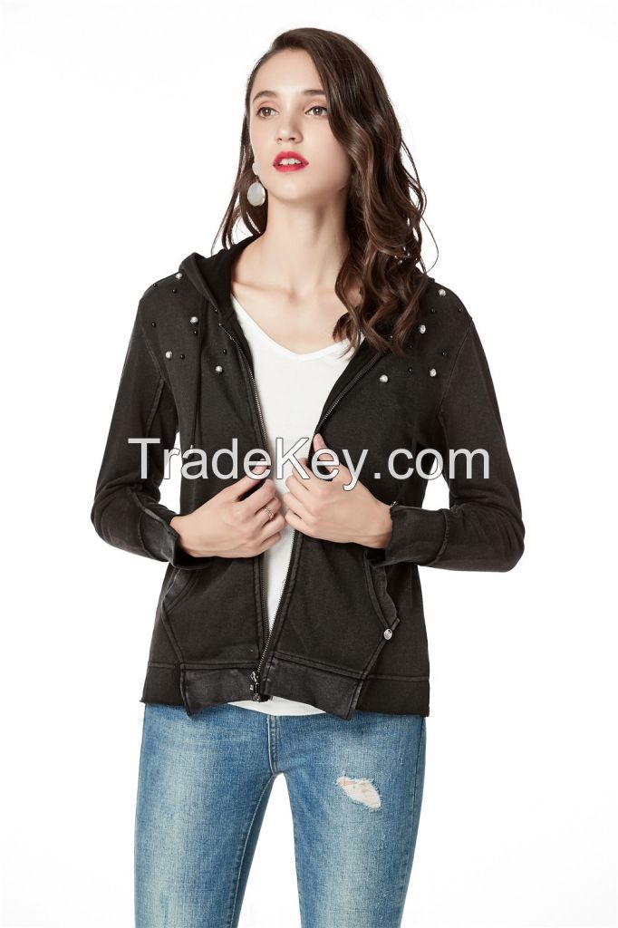 Hooded Sweatshirt Women,Zip Up and Heavy Washed Functional Cotton Sweatshirts with Pearls on Front Shoulder