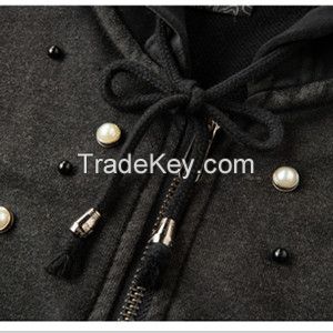  Hooded Sweatshirt Women,Zip Up and Heavy Washed Functional Cotton Sweatshirts with Pearls on Front Shoulder 