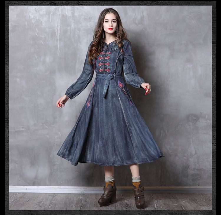 New slim waistband denim vintage embroidery dress for women 