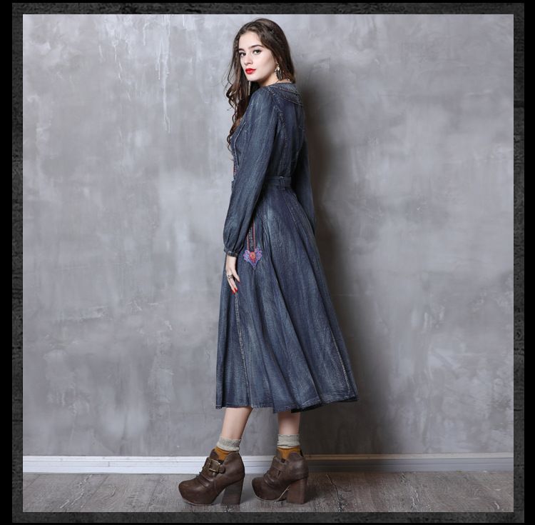 New slim waistband denim vintage embroidery dress for women