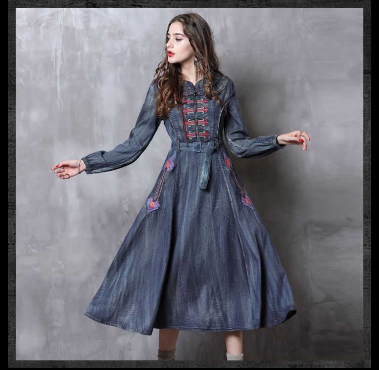 New slim waistband denim vintage embroidery dress for women 