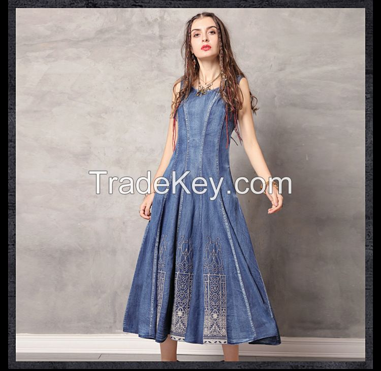 Summer new round collar vest skirt vintage embroidery cowboy big denim dress