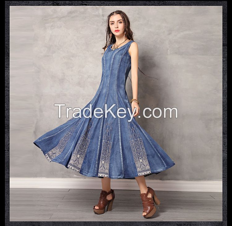 Summer new round collar vest skirt vintage embroidery cowboy big denim dress