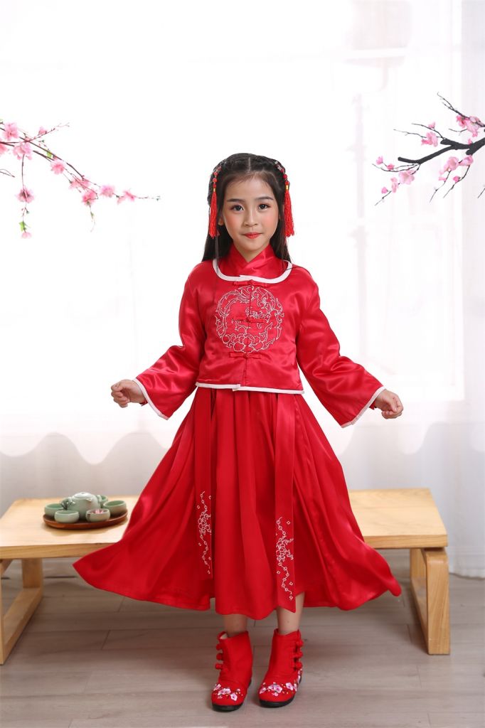 Wholesale summer girl Chinese traditional  Chinese ethnic long sleeve straight colar retro festival birthday  Hanfu