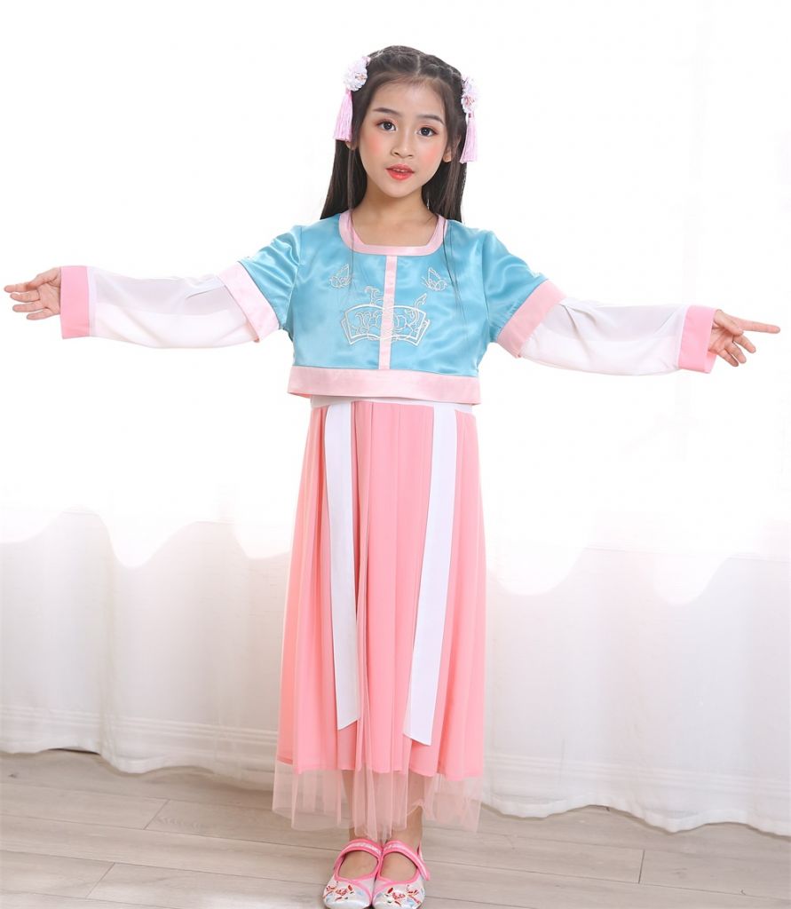 Wholesale summer girl Chinese traditional ethnic long sleeve round colar princess dress festival birthday  Hanfu