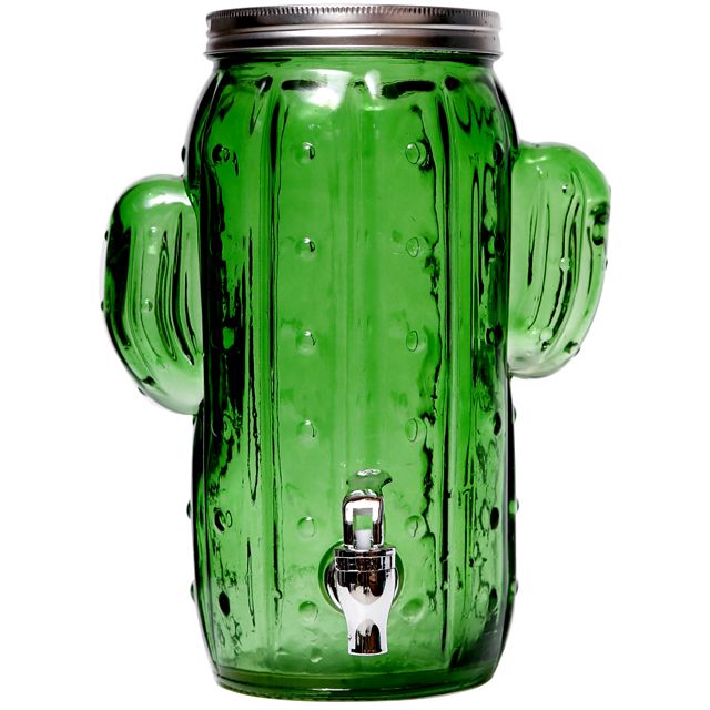 4L GREEN CACTUS GLASS BEVERAGE DISPENSER WITH  LID AND TAP