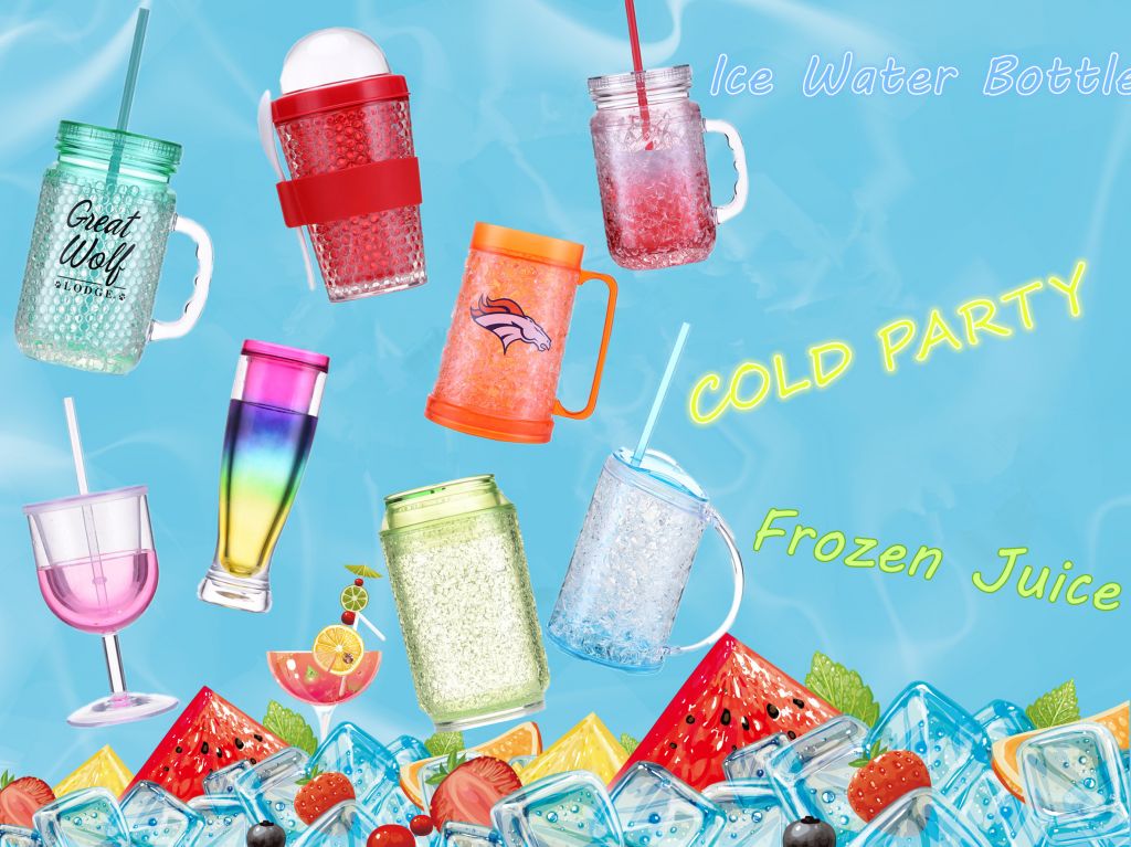 Promotional plastic double wall water bottle ice tumbler freezer beer mugs with gel