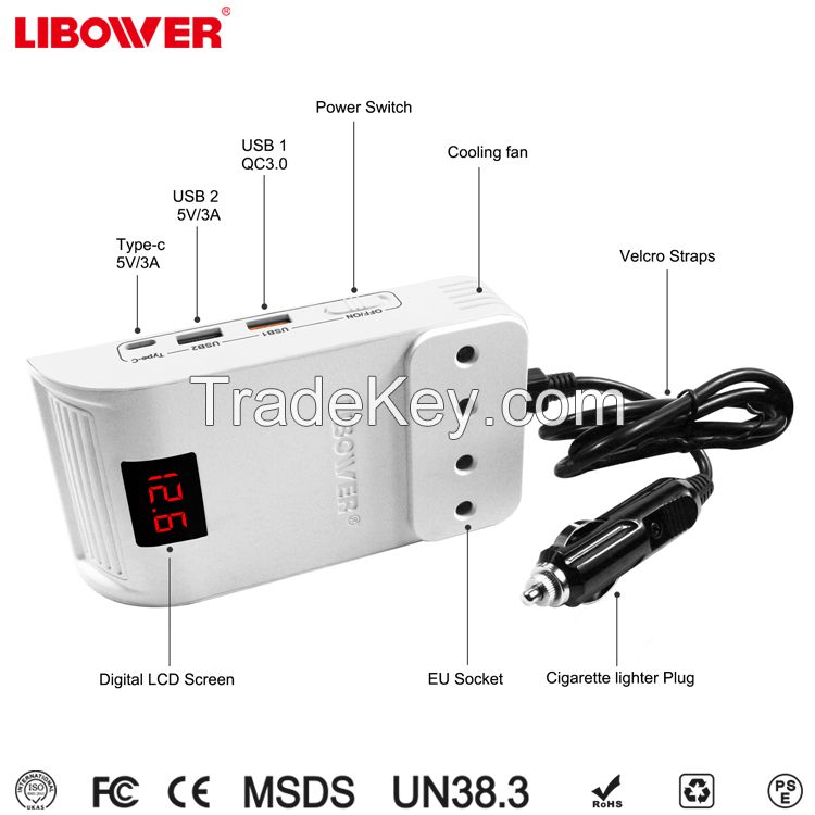 Car power inverter 12V DC to 220V/110v AC converter adapter with cigarette lighter and double USB ports 5V charger