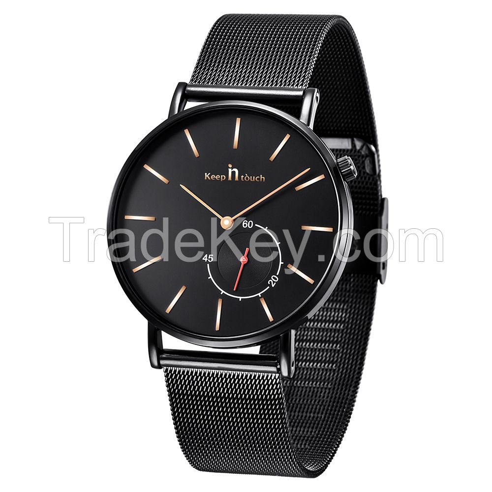 Fashion men's watch custom stainless steel mesh band ultra-thin case watch quartz genuine leather belt montres with date