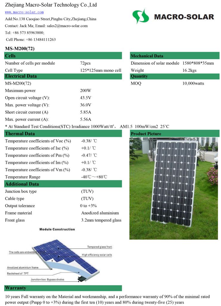 Monocrystalline 200W Solar Panel