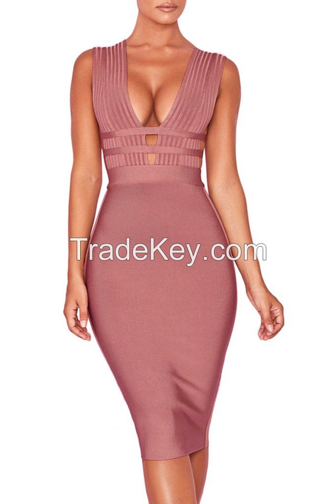 Deep Plunge Slim Fit Bandage Bodycon Midi Dress