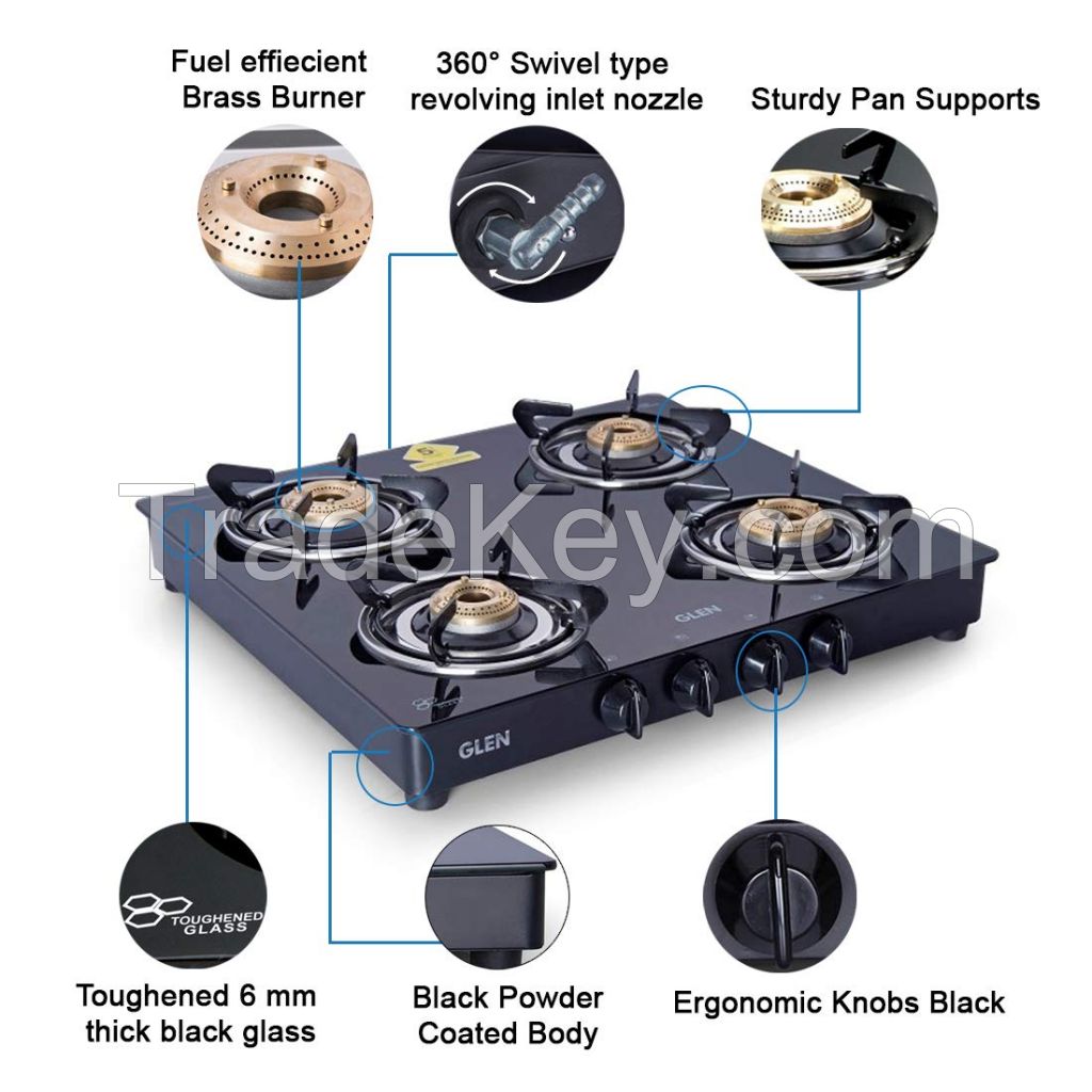 Glen 4 Burner Gas Stove 1043 GT Brass Burner Black  Cooktop