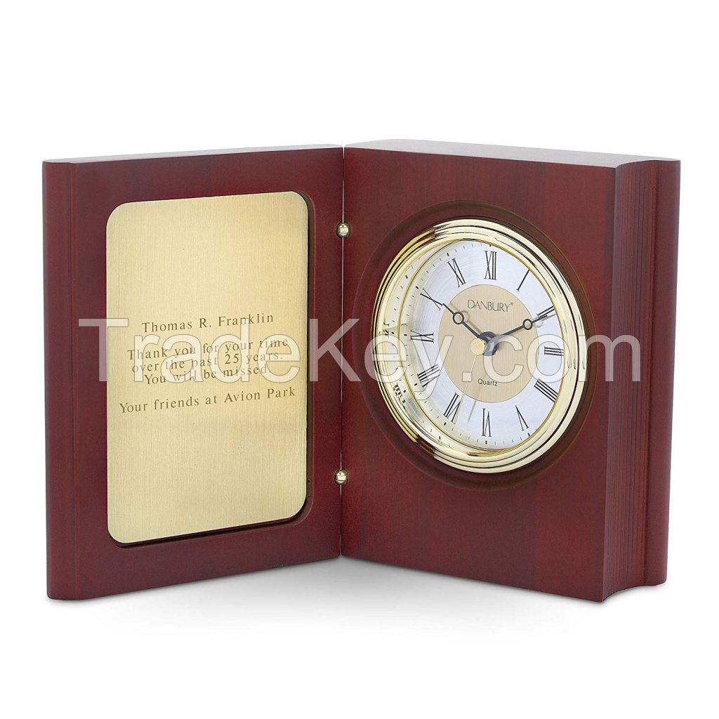 Decorative Wooden Book Shape Table Clock with Engraving Gold Metal Plates