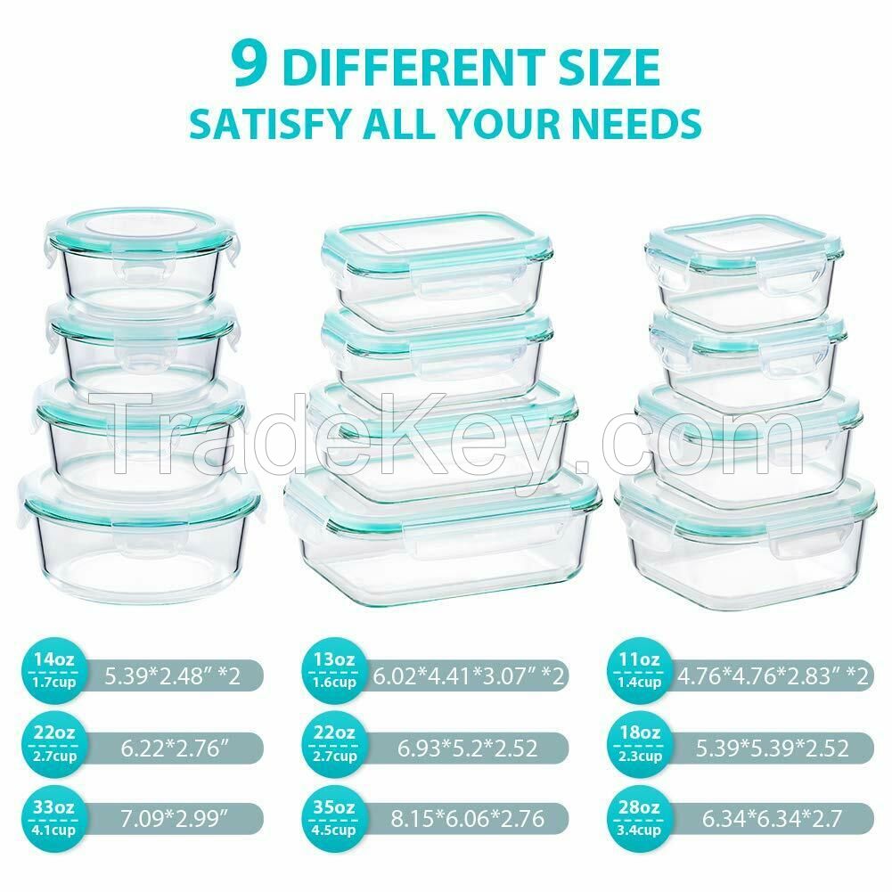 Glass Food Storage Containers with Lids, [24 Piece] Glass Meal Prep Containers, Airtight Glass Bento Boxes, BPA Free & FDA Approved & Leak Proof (12 lids & 12 Containers)