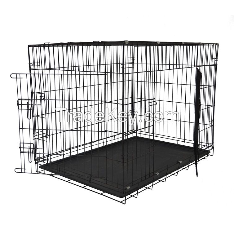 Durable Folding Two Doors Dog Crate With Plastic Tray