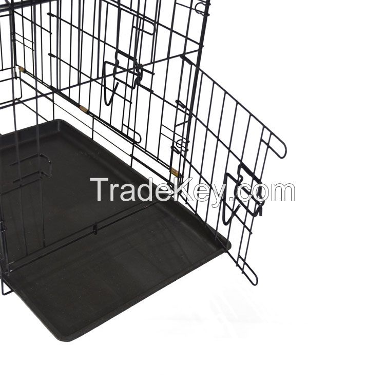 Durable folding two doors dog crate with plastic tray