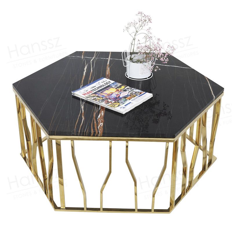 Hexagon golden frame black marble top coffee table