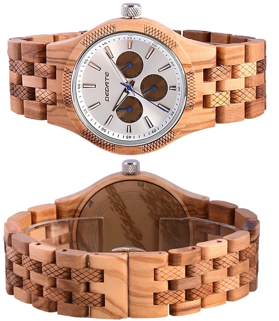 Men's Wooden Watch Luminous With 3 Eyes Butterfly Buckle 3 Atm Water Resistant Japan Movt. Quartz Watch Custom Logo