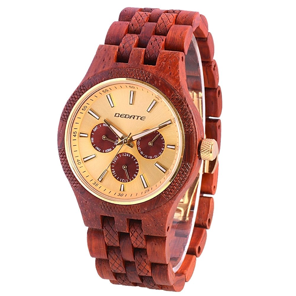 Men's Wooden Watch Luminous With 3 Eyes Butterfly Buckle 3 Atm Water Resistant Japan Movt. Quartz Watch Custom Logo