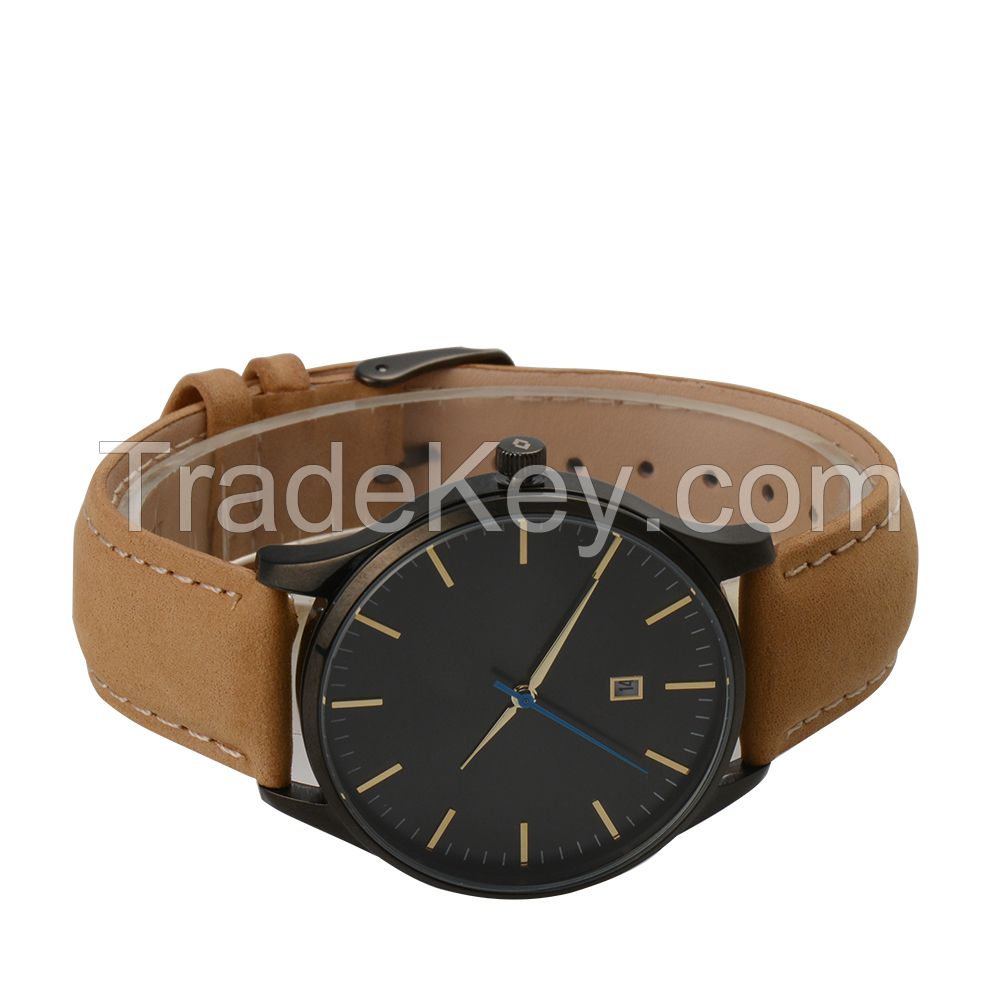Nice design all stainless steel watch genuine leather quartz watch