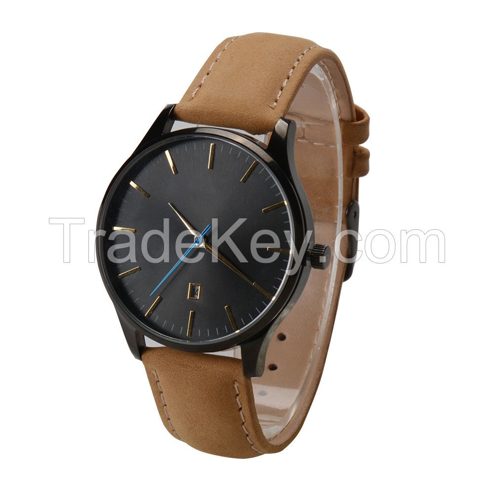 Nice design all stainless steel watch genuine leather quartz watch