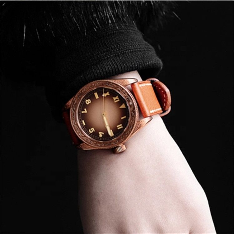 OEM luxury wrist watch men vintage tin bronze carved watches Japanese Movt watch manufacture
