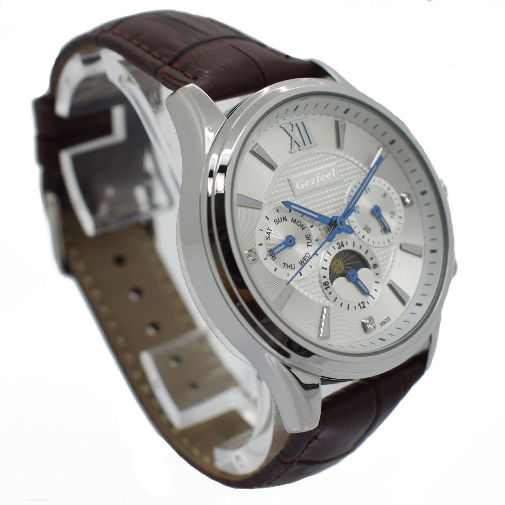 New Design Multi-function Quartz Stainless Steel Case Men Watches with Leather Strap